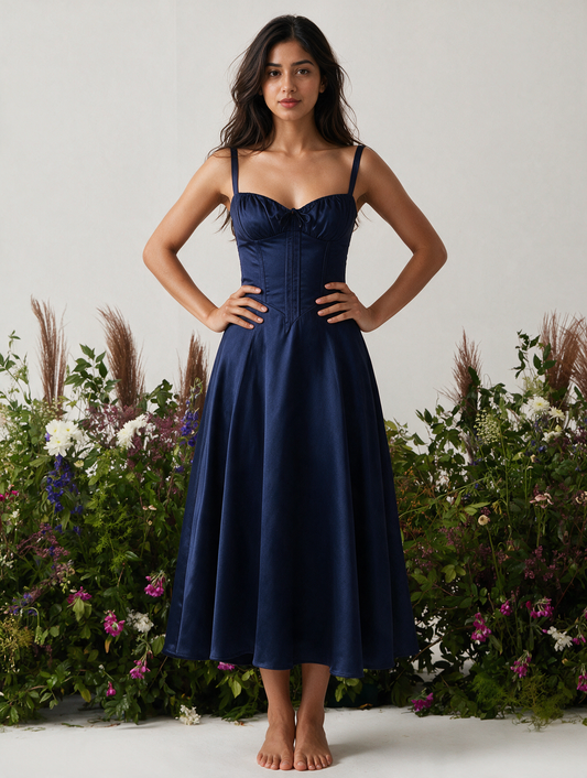 NAVY MAXI BUSTIER FLARED DRESS