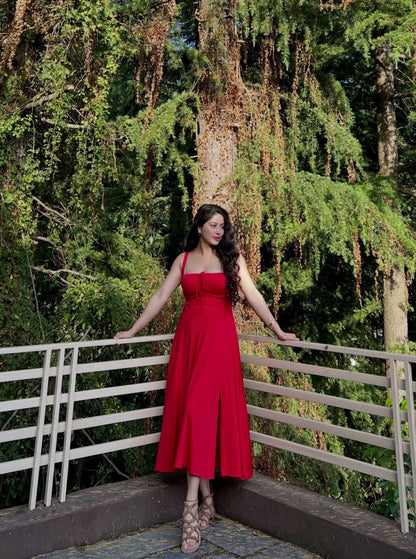 RED MAXI BUSTIER A-LINE DRESS
