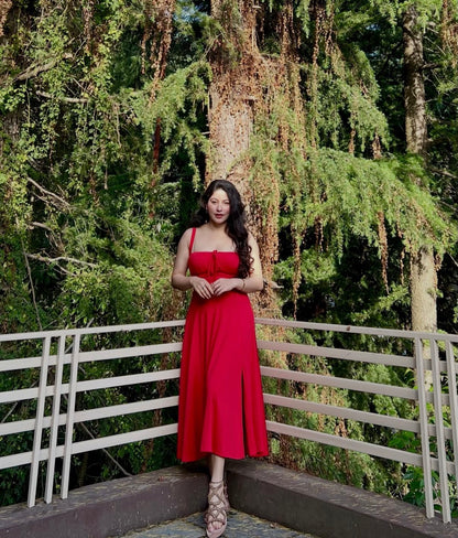 RED MAXI BUSTIER A-LINE DRESS