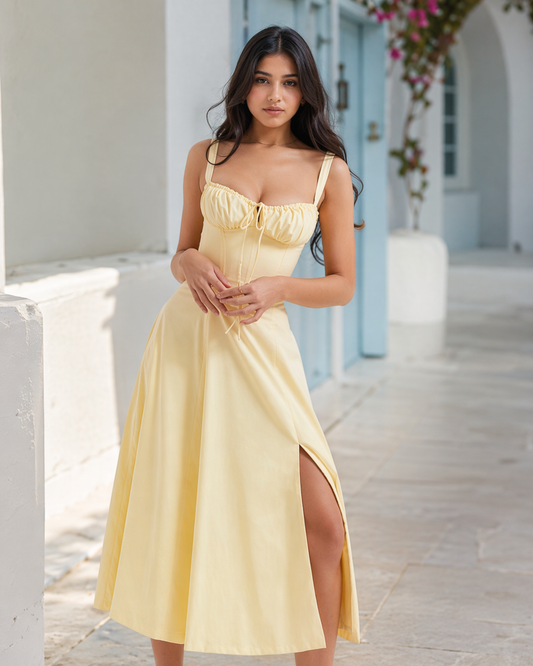 YELLOW MAXI SLEEVELESS BUSTIER FLARED DRESS