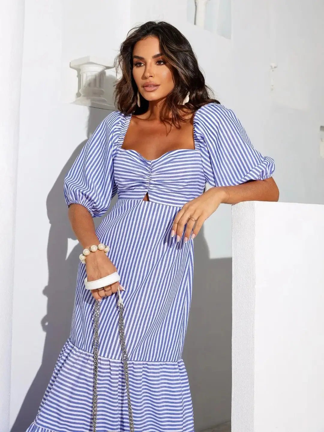 Stripped Puff Sleeve Maxi Dress