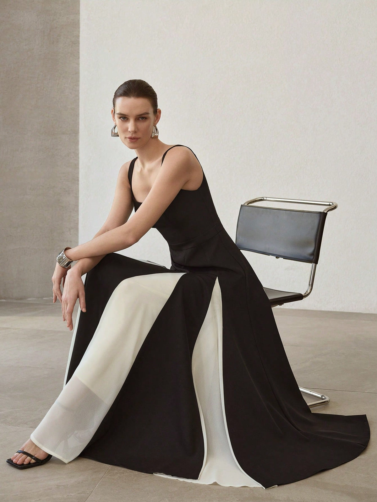 Monochrome Spagetti Strap Evening Maxi Dress