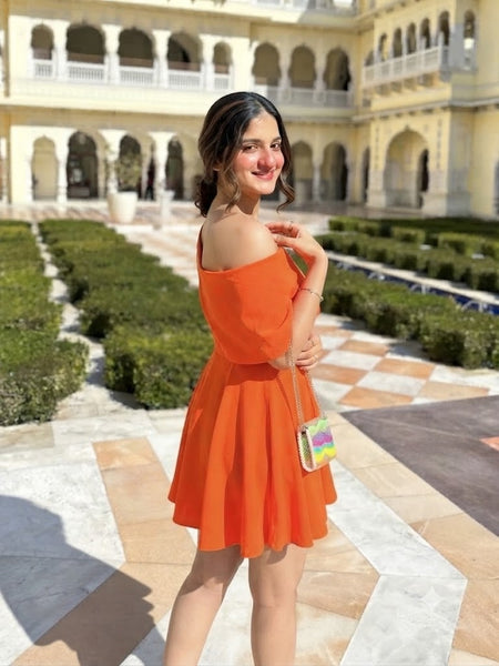 Orange Shoulder Drape Dress