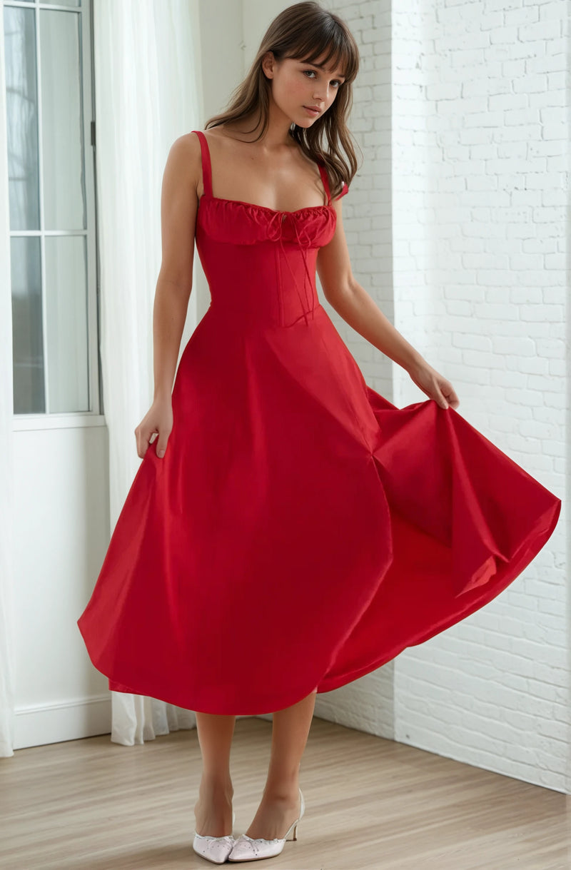 RED MAXI BUSTIER A-LINE DRESS