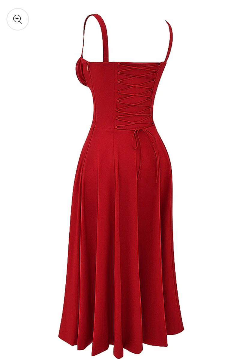RED MAXI BUSTIER A-LINE DRESS