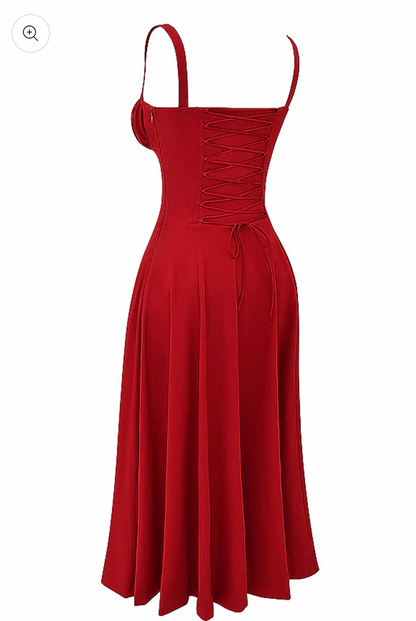 RED MAXI BUSTIER A-LINE DRESS