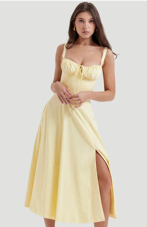 YELLOW MAXI SLEEVELESS BUSTIER FLARED DRESS