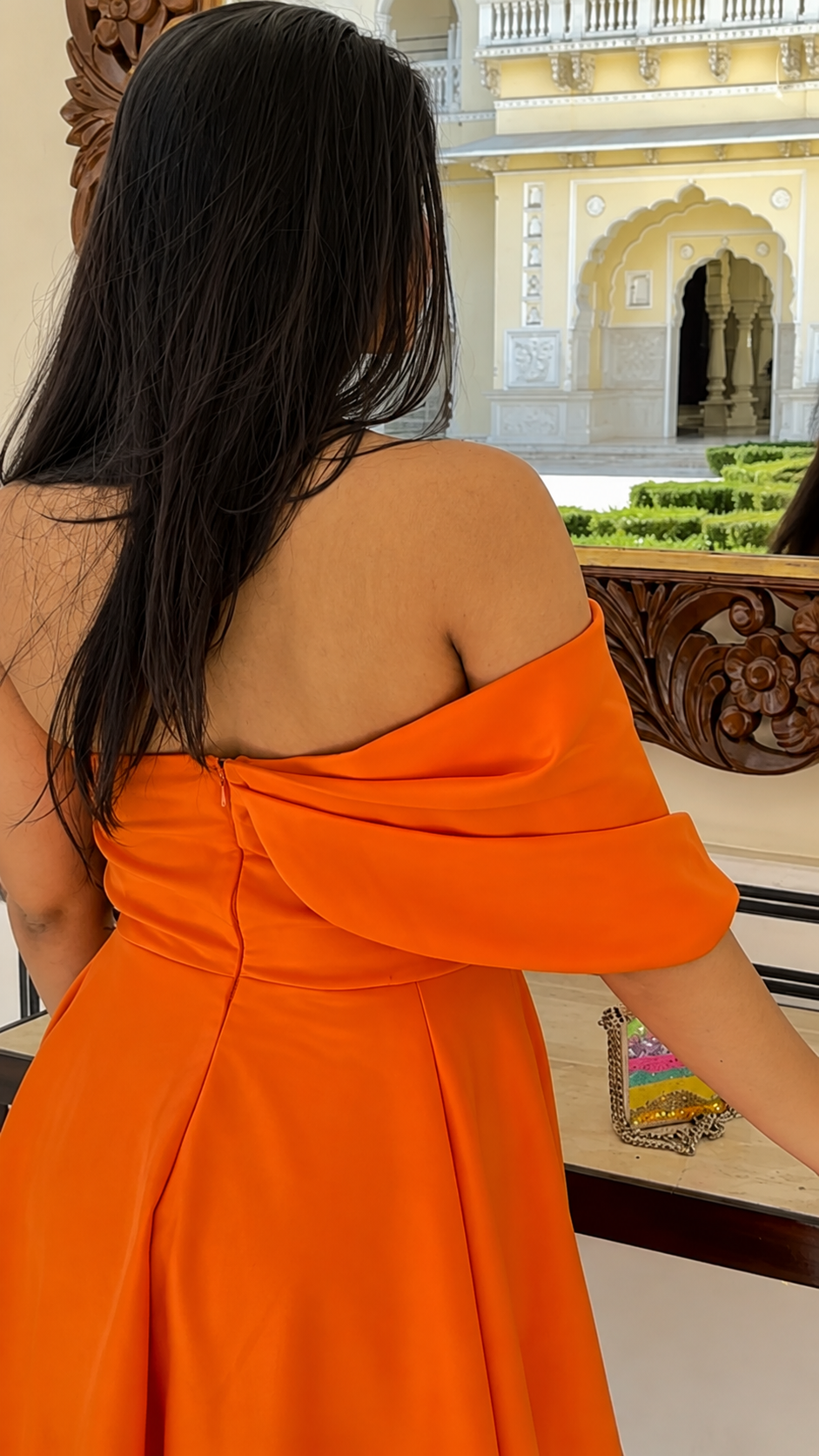 Orange Shoulder Drape Dress