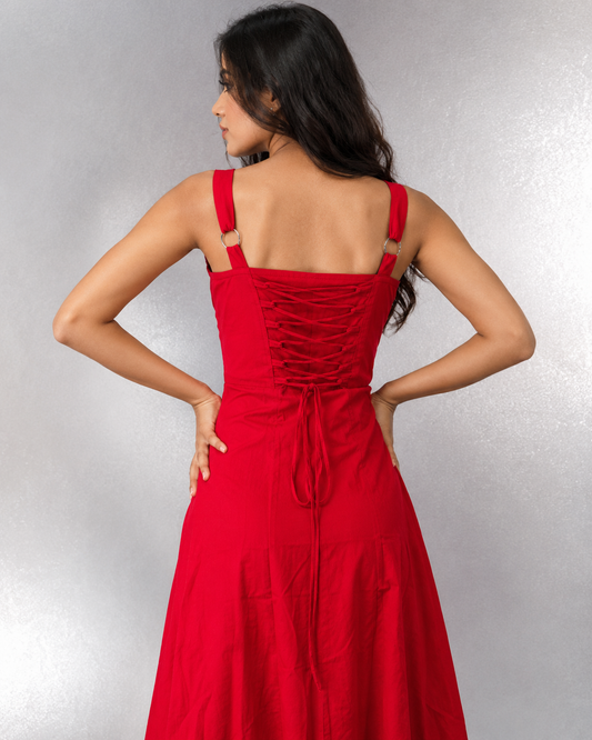 RED MAXI BUSTIER A-LINE DRESS