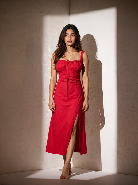 RED MAXI BUSTIER A-LINE DRESS