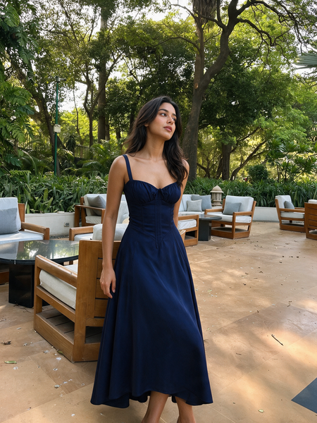 NAVY MAXI BUSTIER FLARED DRESS