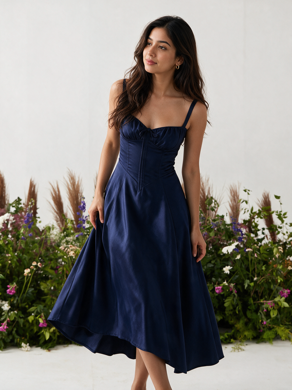 NAVY MAXI BUSTIER FLARED DRESS