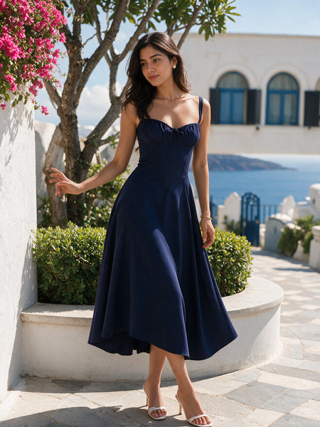NAVY MAXI BUSTIER FLARED DRESS