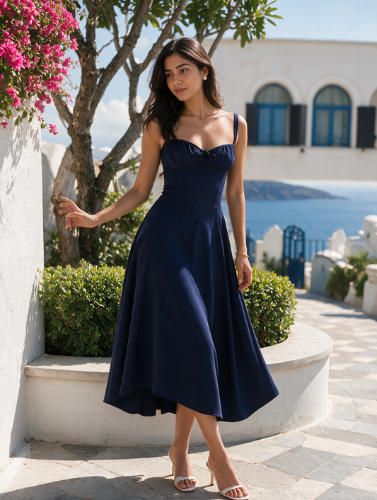 NAVY MAXI BUSTIER FLARED DRESS