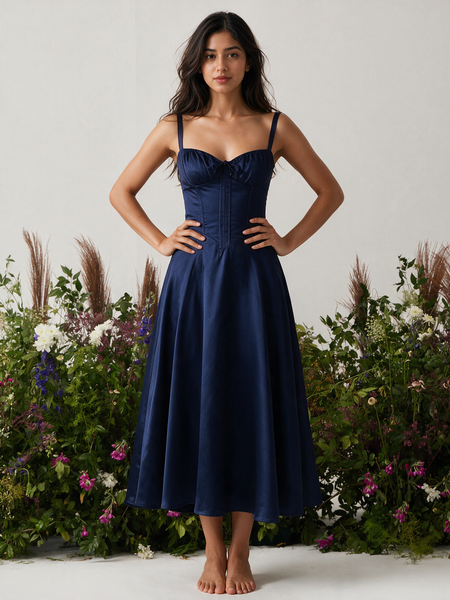 NAVY MAXI BUSTIER FLARED DRESS