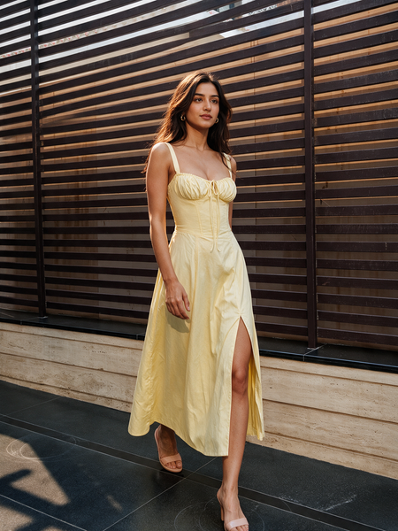 YELLOW MAXI SLEEVELESS BUSTIER FLARED DRESS