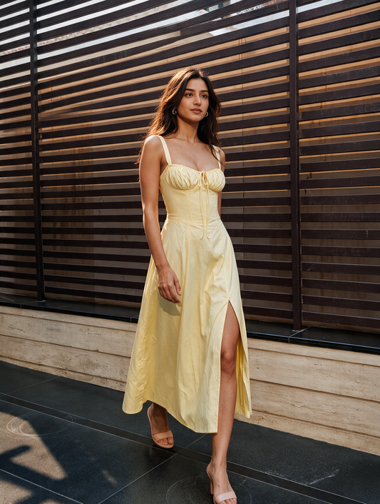 YELLOW MAXI SLEEVELESS BUSTIER FLARED DRESS