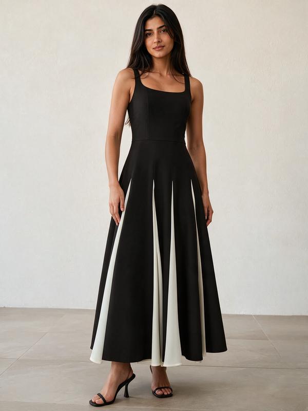 Monochrome Spagetti Strap Evening Maxi Dress