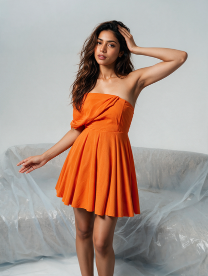 Orange Shoulder Drape Dress