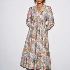 Pink Lace Trimmed Floral Midi Dress