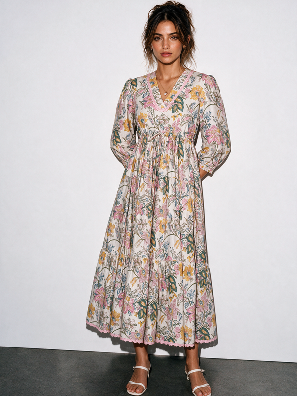 Pink Lace Trimmed Floral Midi Dress
