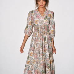 Pink Lace Trimmed Floral Midi Dress