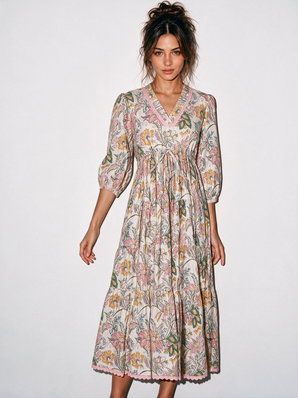 Pink Lace Trimmed Floral Midi Dress