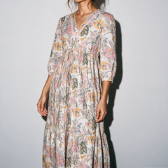 Pink Lace Trimmed Floral Midi Dress