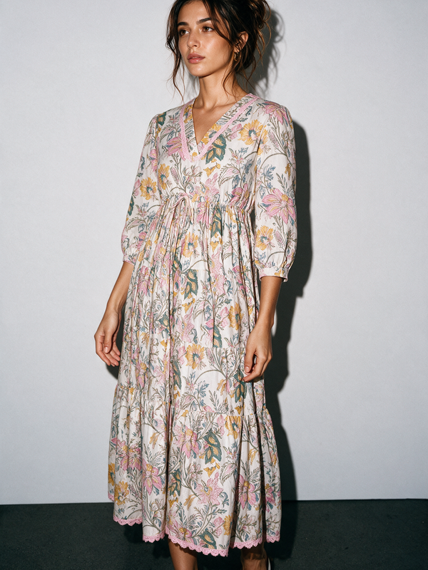 Pink Lace Trimmed Floral Midi Dress