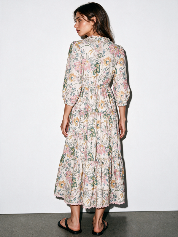 Pink Lace Trimmed Floral Midi Dress