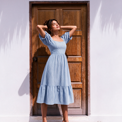 Classic Blue Puff Sleeve Midi Dress