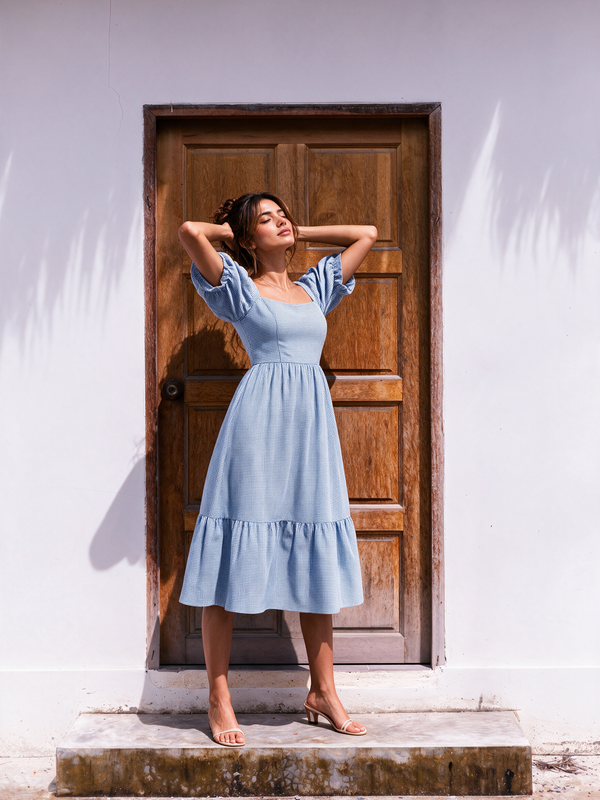 Classic Blue Puff Sleeve Midi Dress